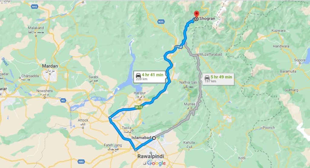 Google map screenshot showing two routes from Islamabad to Shogran Valley