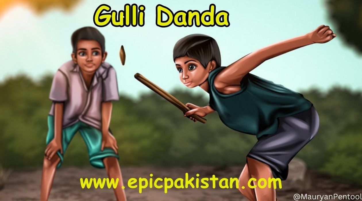 Painting of two kids playing gulli danda